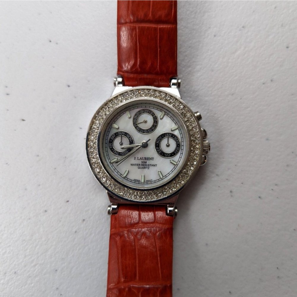 J. Laurent Watch Women Silver Tone Pave Day Date MOP Red Band - Needs Battery